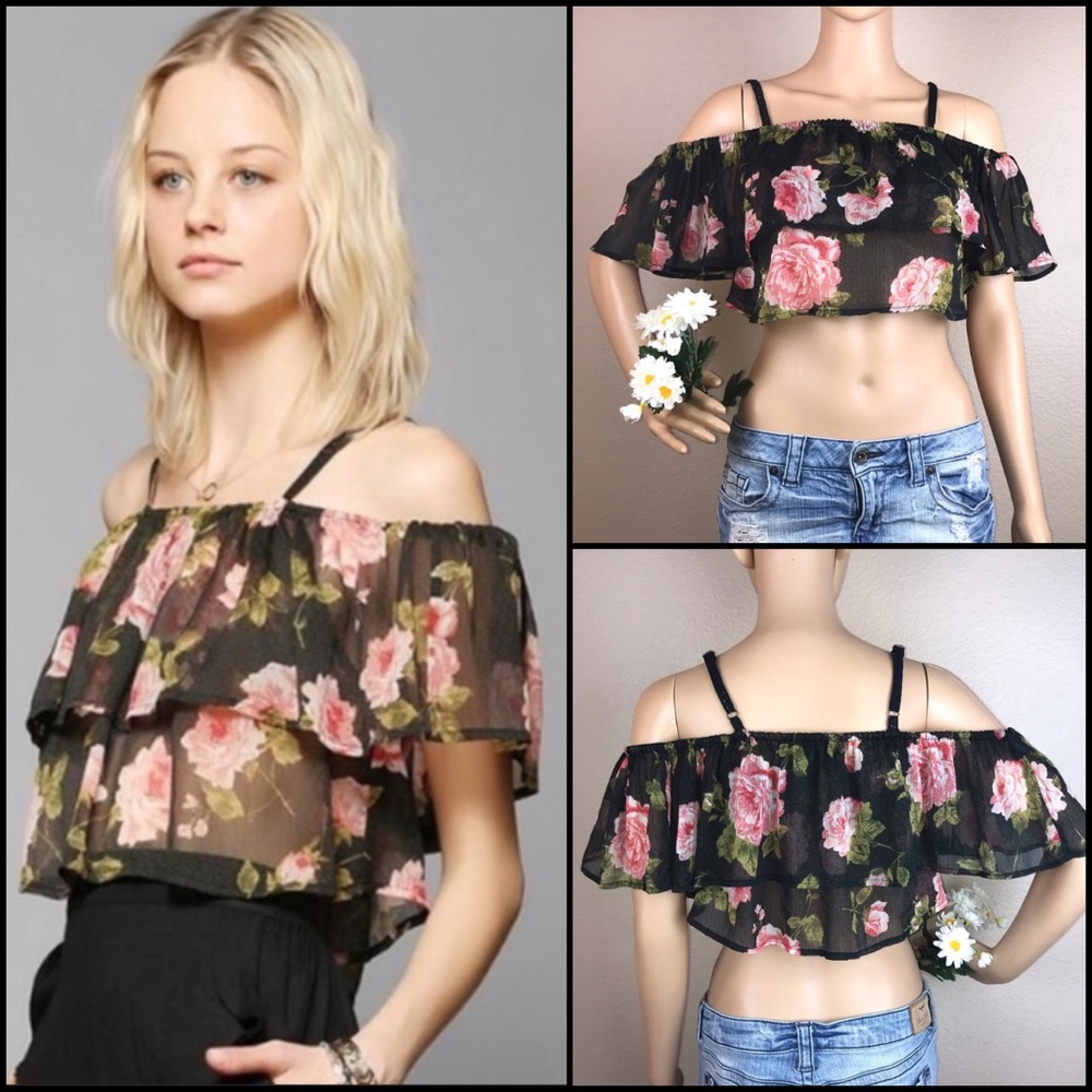 UO Kimchi Blue Black Floral Rose Leaf Crop Cold Shoulder Blouse Top